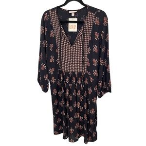 Knox Rose Black Brown BoHo Peasant Split Neck Midi Dress Size Medium